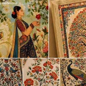 May include: A collage of framed art prints featuring intricate illustrations of a person in traditional attire, a flowering tree, colorful birds, and a peacock. The artwork displays vibrant floral patterns, detailed foliage, and rich color palettes.