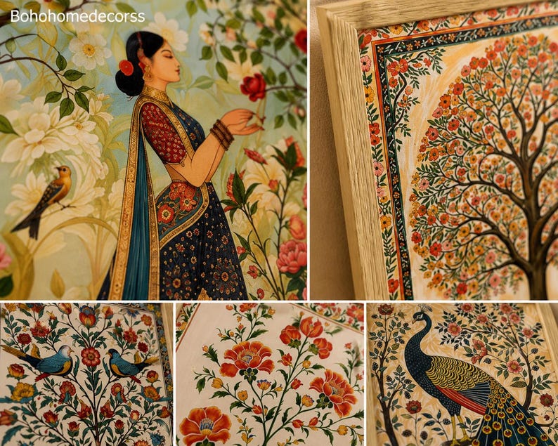 May include: A collage of framed art prints featuring intricate illustrations of a person in traditional attire, a flowering tree, colorful birds, and a peacock. The artwork displays vibrant floral patterns, detailed foliage, and rich color palettes.