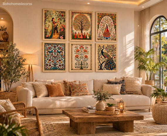 Set of 6 Madhubani Art Prints | Indian Boho Wall Art (Digital Download)