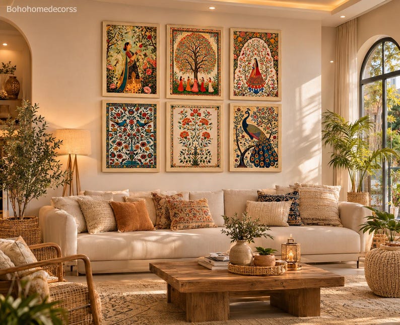 May include: A set of six framed wall art prints arranged in two rows of three, featuring intricate illustrations of figures, a large tree, floral patterns, and a peacock. The prints are displayed above a beige sofa in a living room setting.
