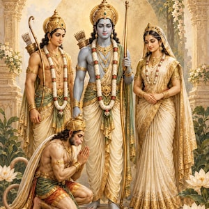 May include: A digital painting depicting four figures in traditional attire. A central blue-skinned figure holds a golden bow, flanked by a figure with a bow and quiver, and a figure in a cream sari. A kneeling monkey-like figure prays below.