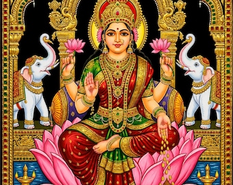 May include: A vibrant illustration of a deity seated on a large pink lotus flower, wearing a red and green sari with gold jewelry. Two white elephants stand on either side, while gold coins flow from one hand into a decorative gold pot below.
