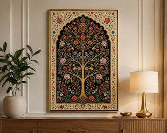 May include: A rectangular framed wall art piece featuring a central tree with a golden trunk and branches, adorned with colorful flowers and two blue birds. The design is set against a black background within an arched border of floral motifs.