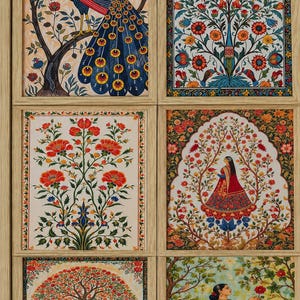 May include: A set of six framed rectangular wall art prints featuring intricate illustrations of peacocks, floral trees, and figures in traditional attire. The artwork displays vibrant colors including red, blue, yellow, and green with detailed patterns.