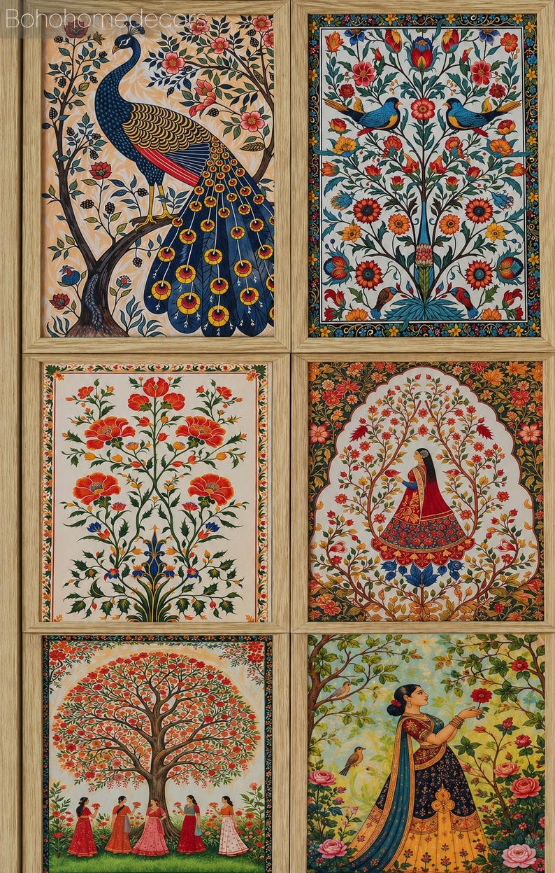 May include: A set of six framed rectangular wall art prints featuring intricate illustrations of peacocks, floral trees, and figures in traditional attire. The artwork displays vibrant colors including red, blue, yellow, and green with detailed patterns.