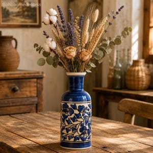 Blue Mughal Floral Ceramic Vase | 8 Inch Stoneware Centrepiece for Home Office