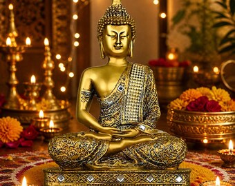 Goldene Meditierende Buddha Statue | Harz Buddha Idol für Wohnkultur, Wohnzimmer, Büro & spirituelle Geschenke