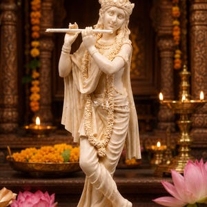 May include: An off-white statue of a standing figure playing a flute, adorned with a crown, layered necklaces, and draped garments. The figure is depicted in a crossed-leg stance, holding a horizontal flute to the lips with both hands.