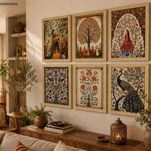 May include: A set of six rectangular wall art prints in light wood frames, featuring intricate Indian-style floral, tree, and peacock motifs with vibrant colors, arranged in two rows of three on a neutral wall above a wooden console table.