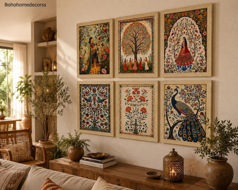 May include: A set of six rectangular wall art prints in light wood frames, featuring intricate Indian-style floral, tree, and peacock motifs with vibrant colors, arranged in two rows of three on a neutral wall above a wooden console table.