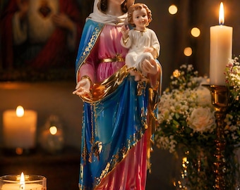 Estatua de la Virgen María y el Niño Jesús – Figura religiosa de poliresina pintada a mano, decoración católica