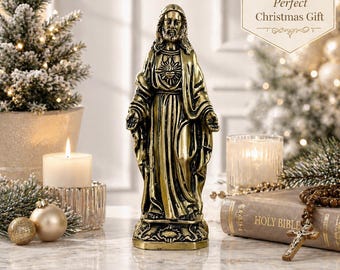 Estatua de latón del Sagrado Corazón de Jesús / Decoración cristiana para el hogar, estilo bohemio, 14,6 cm de altura.