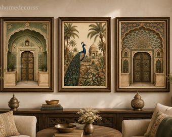 May include: A set of three framed wall art prints. The left and right prints feature ornate arched doorways with intricate green and gold detailing. The center print displays a peacock standing in a lush garden with palm trees and a domed structure.