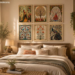 May include: A set of six rectangular wall art prints featuring intricate floral, botanical, and traditional figure illustrations in vibrant colors, arranged in two rows of three above a bed. Each print is enclosed in a light-colored wooden frame.