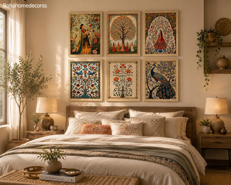 May include: A set of six rectangular wall art prints featuring intricate floral, botanical, and traditional figure illustrations in vibrant colors, arranged in two rows of three above a bed. Each print is enclosed in a light-colored wooden frame.