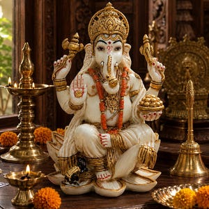May include: A white and gold statue of the deity Ganesha seated on a lotus flower, featuring four arms, a trunk, and ornate jewelry. The figure holds a bowl of sweets and a mace, adorned with orange beaded necklaces and a detailed crown.