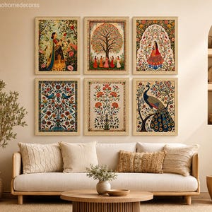 May include: A set of six rectangular framed wall art prints featuring intricate Indian-style illustrations. The collection includes depictions of a person in a garden, a large tree with figures, a floral arch, birds in a tree, flowers, and a peacock.