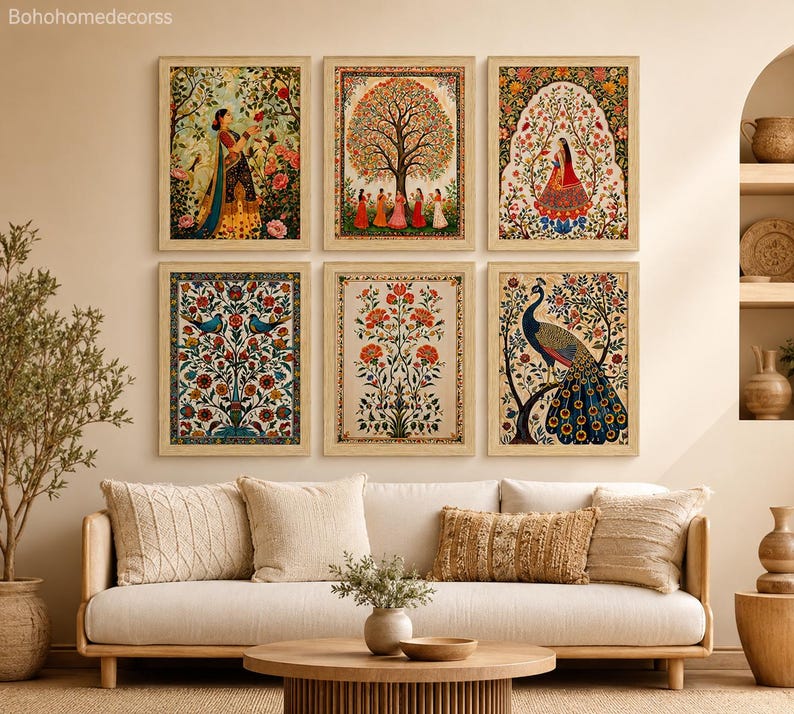 May include: A set of six rectangular framed wall art prints featuring intricate Indian-style illustrations. The collection includes depictions of a person in a garden, a large tree with figures, a floral arch, birds in a tree, flowers, and a peacock.