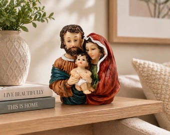Estatua de la Sagrada Familia: Niño Jesús, María, José. Decoración cristiana para el hogar.
