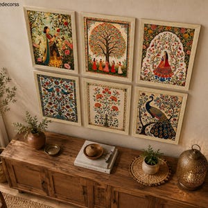 May include: A set of six rectangular wall art prints in light wood frames, featuring vibrant Indian-style miniature paintings. The collection includes depictions of figures in traditional attire, a large tree, floral motifs, and a peacock with blue plumage.