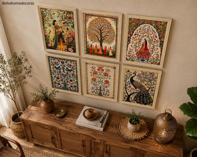 May include: A set of six rectangular wall art prints in light wood frames, featuring vibrant Indian-style miniature paintings. The collection includes depictions of figures in traditional attire, a large tree, floral motifs, and a peacock with blue plumage.
