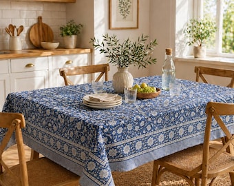 Mantel de algodón con estampado de bloques azul índigo, mantelería floral india para comedor, decoración estilo granja bohemia