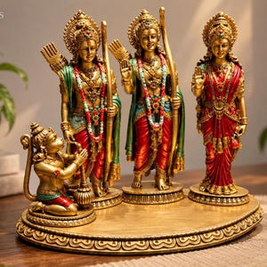 Puede incluir: Un conjunto de estatuas doradas con cuatro figuras sobre una base ovalada. Las figuras centrales incluyen una deidad de pie con un arco, otra figura de pie en rojo y oro, y una figura arrodillada con una maza. Presentan joyas intrincadas y detalles coloridos.