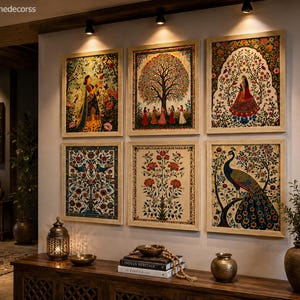 May include: A set of six framed wall art prints featuring intricate floral, tree, and animal motifs in vibrant colors. The top row displays a figure in a garden, a large tree with figures, and a figure in an archway. The bottom row shows birds, flowers, and a peacock.