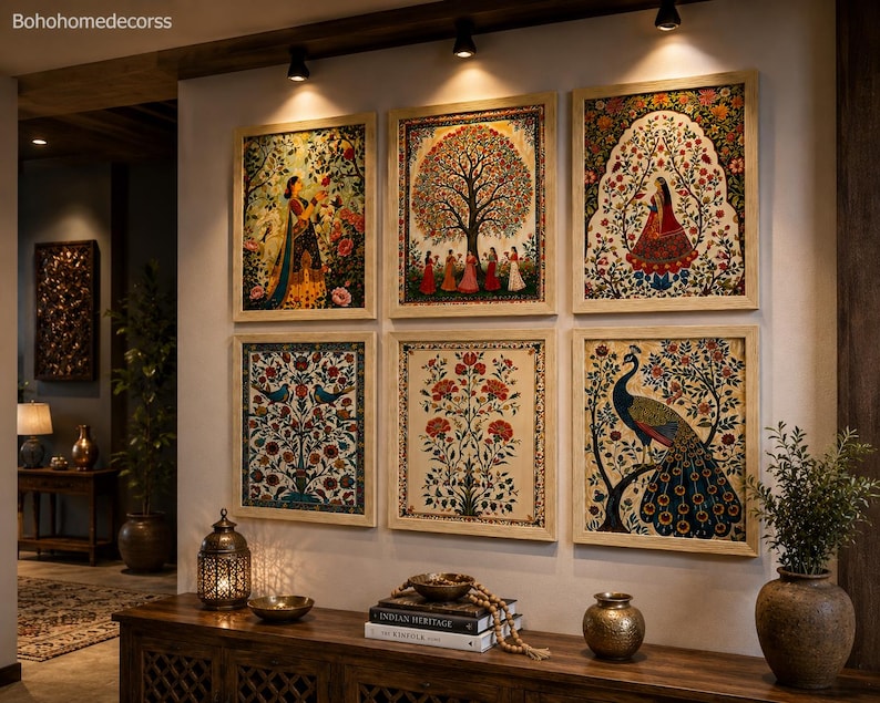 May include: A set of six framed wall art prints featuring intricate floral, tree, and animal motifs in vibrant colors. The top row displays a figure in a garden, a large tree with figures, and a figure in an archway. The bottom row shows birds, flowers, and a peacock.