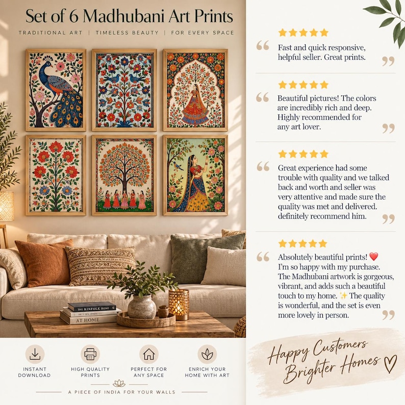 May include: A set of six Madhubani art prints featuring intricate, colorful illustrations of peacocks, trees, and figures in traditional styles. The prints are displayed in a grid on a wall above a sofa, accompanied by customer reviews and text.