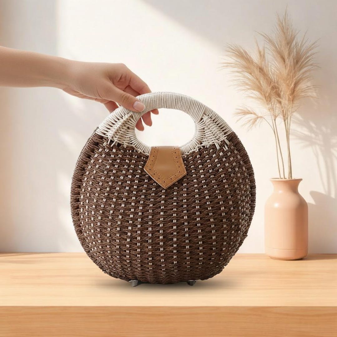 Round Rattan Handbag, Handwoven Boho Top Handle Bag, Summer Beach Tote ...