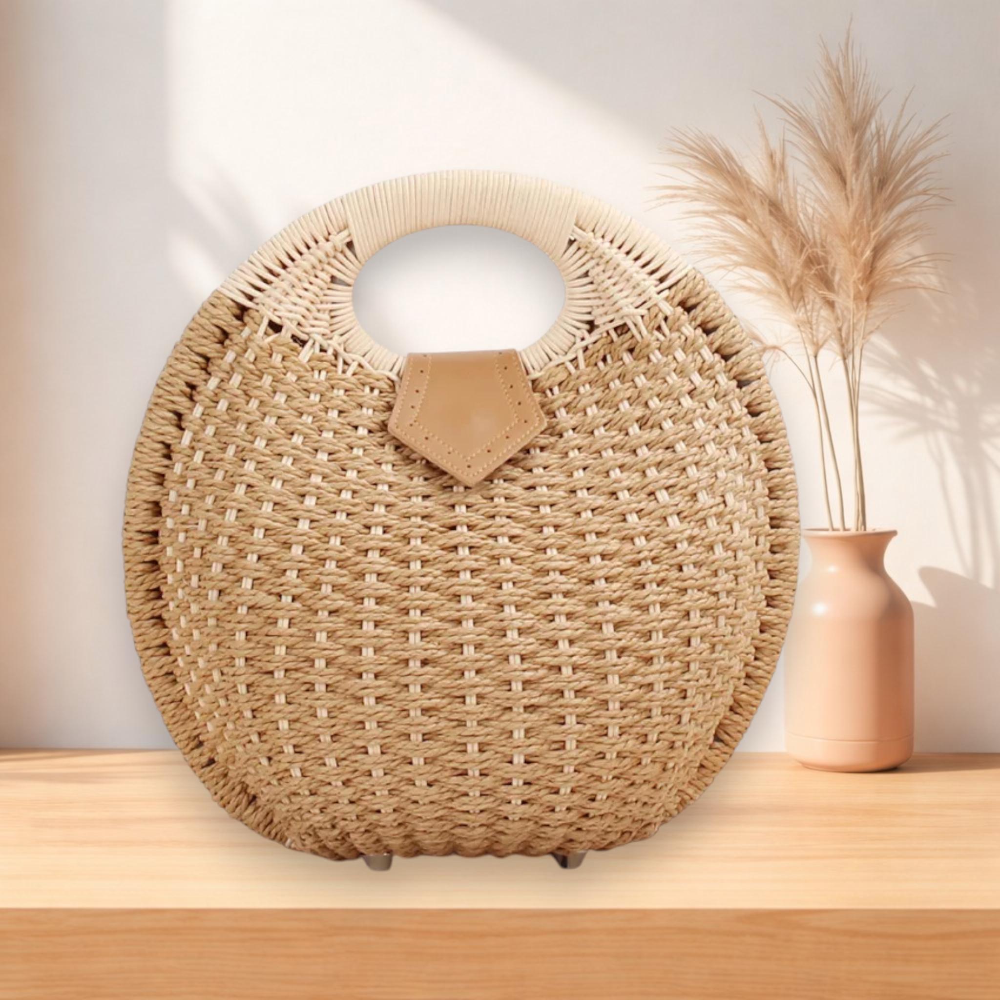 Round Rattan Handbag, Handwoven Boho Top Handle Bag, Summer Beach Tote ...