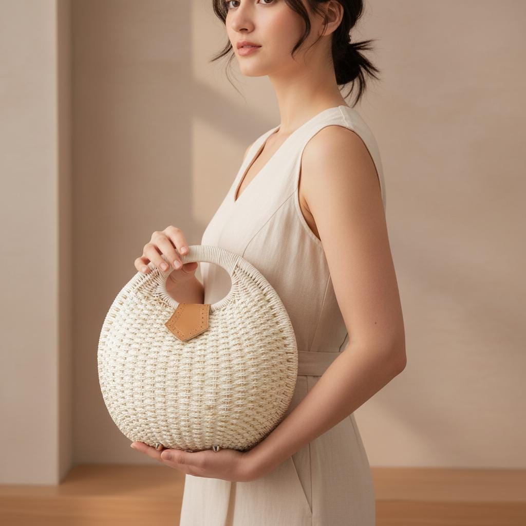 Round Rattan Handbag, Handwoven Boho Top Handle Bag, Summer Beach Tote ...
