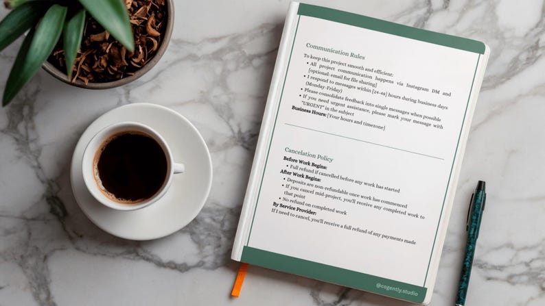 Op de afbeelding: Een witte koffiekop met donkere koffie staat op een witte schotel naast een notitieboek met groene accenten en tekst. Een pen en een kleine potplant staan ook op het marmeren oppervlak.