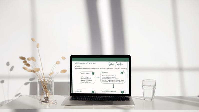 Op de afbeelding: Een laptop toont een Instagram-klantenstroomschema met tekst en diagrammen. Het scherm staat op een wit bureau naast een glas water en een vaas met gedroogde bloemen. De achtergrond is een witte muur met schaduwen.