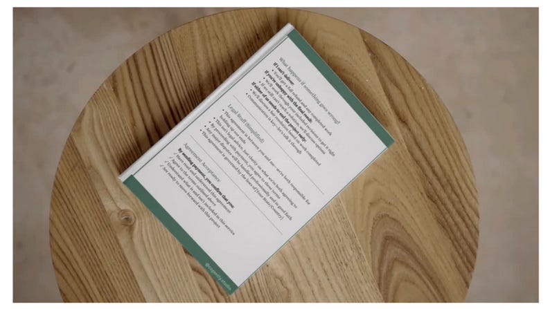 Op de afbeelding: Een boek met een witte kaft en groene rand ligt op een houten tafel. De pagina's van het boek bevatten tekst, waaronder de zinnen "Wat gebeurt er als er iets misgaat?" en "Door de betaling te verzenden, bevestigt u dat u".