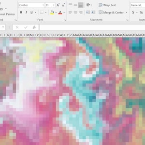 May include: Abstract digital art with a pixelated design. The color palette includes pink, blue, yellow, and green hues. The image is a close-up of a spreadsheet in Microsoft Excel.