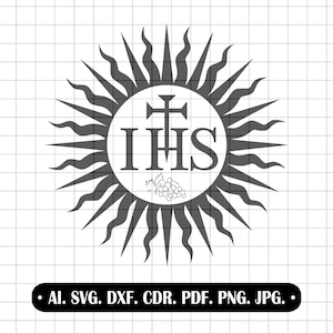 Paquete de archivos SVG cristianos de IHS, monograma de Jesús con rayos de sol jesuita, imágenes prediseñadas de uvas y cruz católicas para grabado, sublimación, Cricut y corte láser.