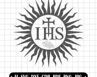 IHS Christian SVG Bundle, Jesuit Sunburst Jesus Monogram, Catholic Grapes & Cross Clipart for Engraving, Sublimation, Cricut, Laser Cut File
