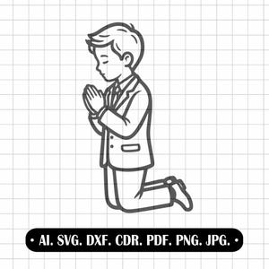 Könnte beinhalten: Schwarz-Weiß-Strichzeichnung einer knienden Person im Gebet, die einen Anzug und eine Hose trägt. Das Bild enthält den Text: AI. SVG. DXF. CDR. PDF. PNG. JPG.