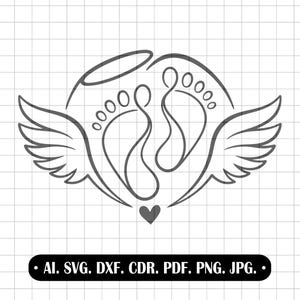 May include: A monochrome line drawing featuring angel wings, footprints, and a heart. The design incorporates a halo above the footprints and a small heart below. The text at the bottom reads: AI. SVG. DXF. CDR. PDF. PNG. JPG.