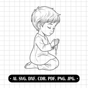 Può includere: Illustrazione in bianco e nero di un bambino inginocchiato in preghiera, che tiene una corona del rosario con una croce. Il bambino indossa abiti semplici. L'immagine include il testo: AI. SVG. DXF. CDR. PDF. PNG. JPG.