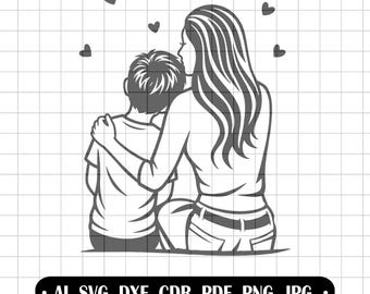 Mom and Son SVG, Mother and Child Clipart, Mother's Day SVG, Mother's Love Vector, CNC Plotter Graphics, Laser Cut SVG, Mom and Child Poster