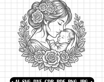 Mother and child SVG, Mother's Day laser cut, vector art for mom, maternal love clipart, file for Cricut plotter, roses engraving