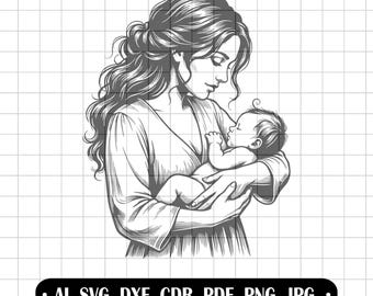 Mother with baby SVG, maternal love, linocut vector art, Mother's Day design, baby clipart, Cricut laser file