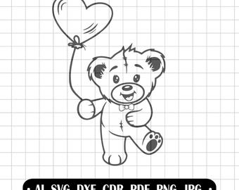 Teddy Bear SVG with Heart Balloon, Cute Boy Bear Clipart, First Holy Communion Laser Cut File, Baptism Teddy Vector, Cricut Silhouette Png