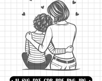 Mom and baby svg, mother and son clipart, mother's love vector, mom silhouette cnc, mother's day laser cut, cutting file, family