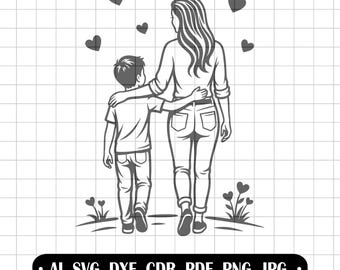 Mother and son svg, mom with baby clipart, mother's love vector, laser cut file, mother's day graphic, family outline, t-shirt design
