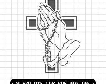 Praying Hands with Rosary SVG Cross Laser Cut File Memorial Clipart Religious Grace Vector DXF PNG for Engraving Sublimation & Vinyl Cut