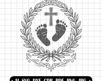 Holy Baptism SVG, Baptism Souvenir, Baby Feet, Cross Wreath, Laser Cut Graphics, Engraving File, Thank You, Baptism Clipart